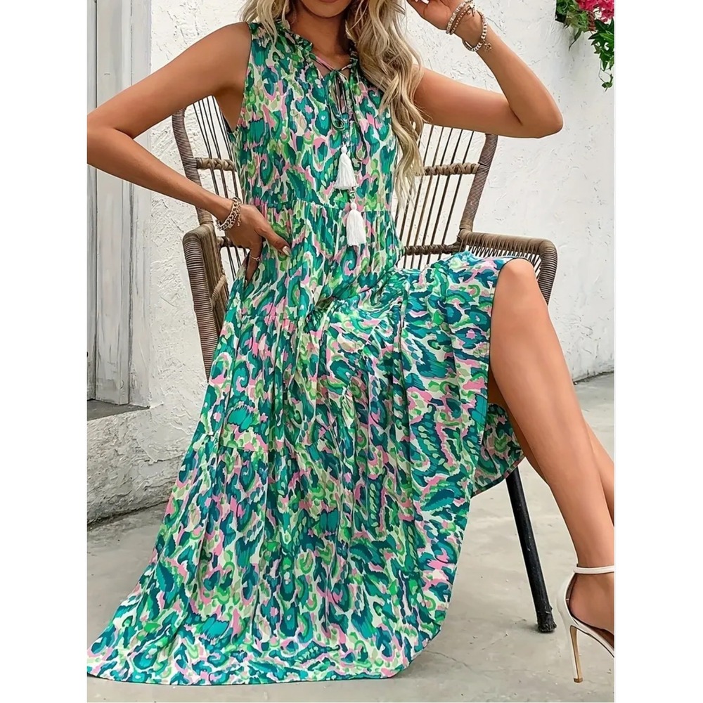 Spring Boho Green Pink Abstract Print Tiered Maxi Dress Sleeveless Tassel Tie XL